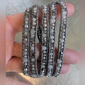 Chan Luu Grey Pearl Mix Wrap Bracelet on Grey Leather